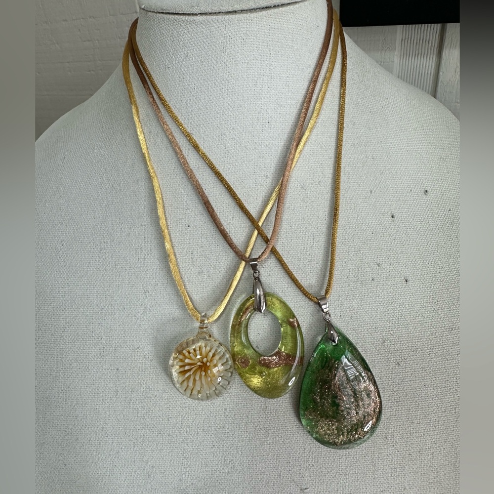 Three neutral vibe glass necklaces on satin cord